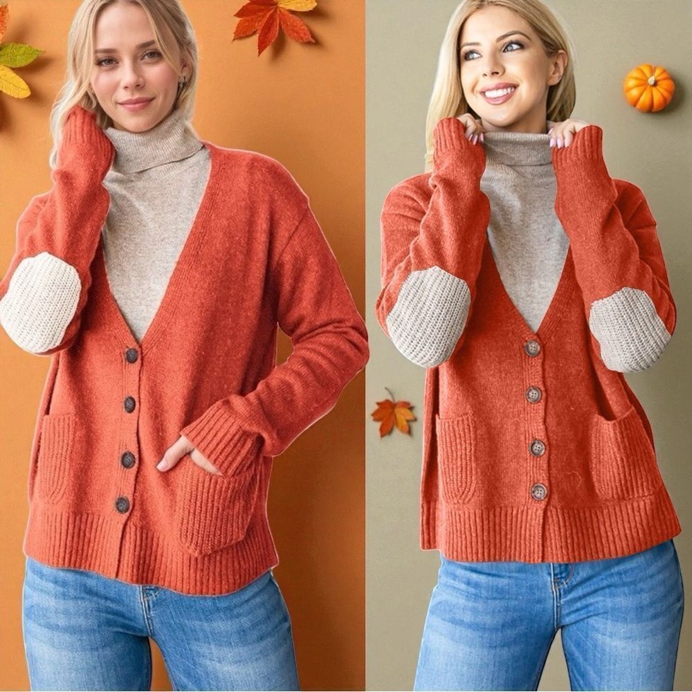 Orange/Red Long Sleeve V Neck Button Down Cardigan 2XL/3XL NWT - Heimish - Picture 3 of 15